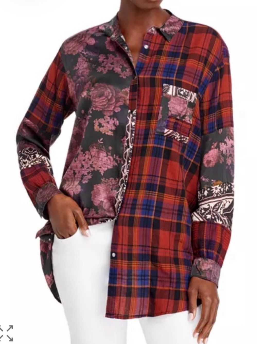 Johnny Was Mulberry Rose Mixed Print Silk Top